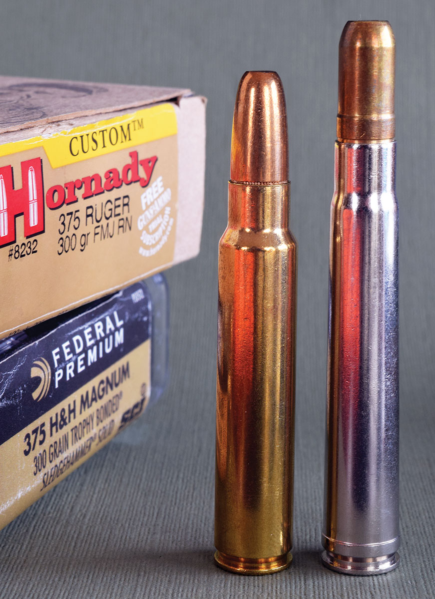 The 375 Ruger’s short, thick powder column sends a 375 H&H punch from shorter actions and barrels. Its case holds roughly 10 percent more propellant.